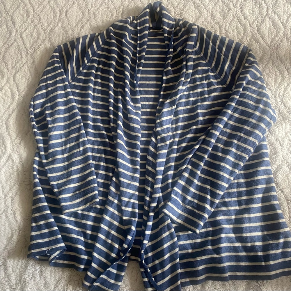 LL Bean Cardigan‎ Sweater Womens XL Blue White Stripes Open Front Cotton Casual